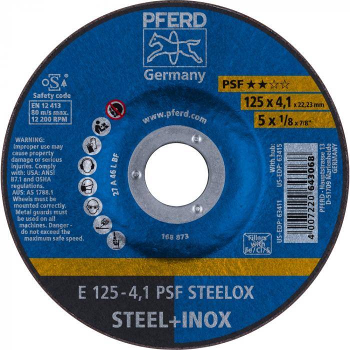 PFERD Schruppscheibe E - PSF STEELOX - Außen-Ø 125 mm - Breite 4,1 mm - Bohrungs-ø 22,23 mm - VE 10 Stück - Preis per VE