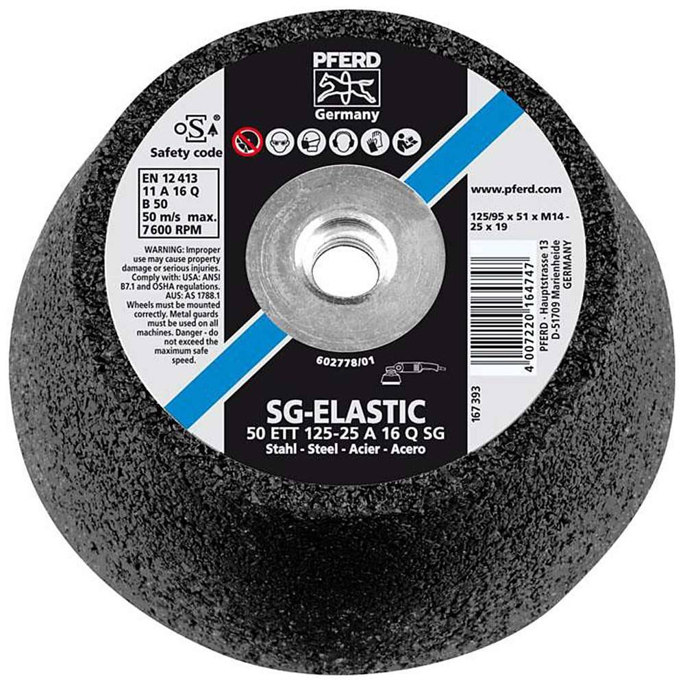Schleiftopf - PFERD - für Stahl/INOX - Härtegrad Q - Durchmesser 125 mm - Bezeichnung 50 ETT 125-25 A 16 Q SG/M14 - Gewinde M14 - Außen-Ø x kleins
