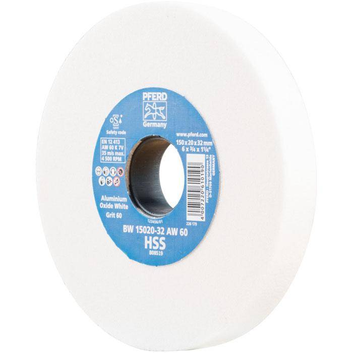 Schleifbockscheibe - PFERD - Ø 150 mm - für HSS und vergüteten Stahl - Bezeichnung BW 15020-32 AW 60 HSS - Breite 20 mm - Bohrungs-Ø 32 mm - Korng