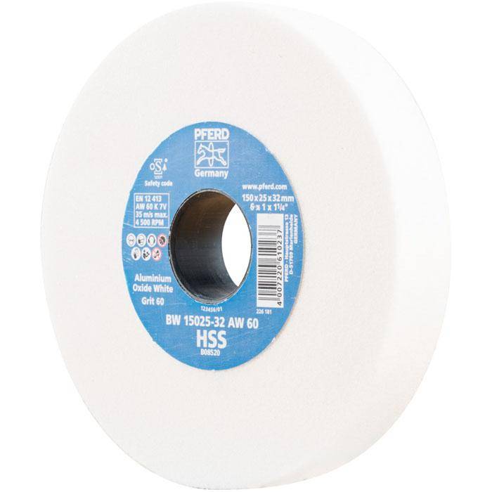 Schleifbockscheibe - PFERD - Ø 150 mm - für HSS und vergüteten Stahl - Bezeichnung BW 15025-32 AW 60 HSS - Breite 25 mm - Bohrungs-Ø 32 mm - Korng