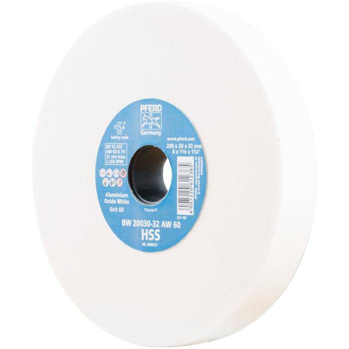 Schleifbockscheibe - PFERD - Ø 200 mm - für HSS und vergüteten Stahl - Bezeichnung BW 20030-32 AW 60 HSS - Breite 30 mm - Bohrungs-Ø 32 mm - Korng