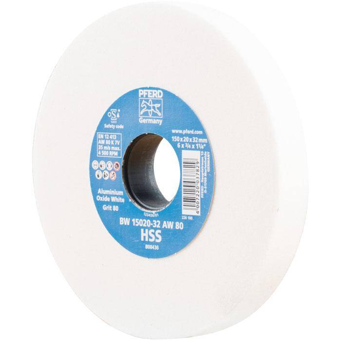 Schleifbockscheibe - PFERD - Ø 150 mm - für HSS und vergüteten Stahl - Bezeichnung BW 15020-32 AW 80 HSS - Breite 20 mm - Bohrungs-Ø 32 mm - Korng