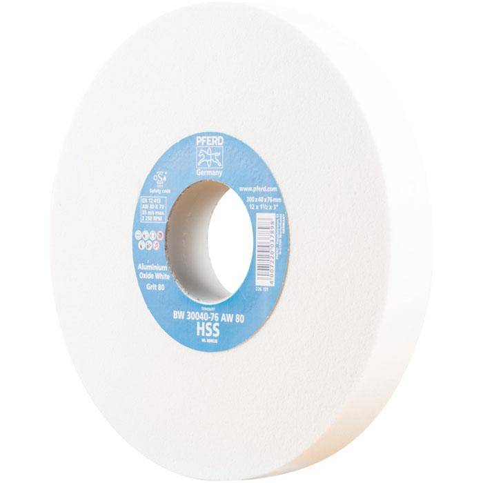 Schleifbockscheibe - PFERD - Ø 300 mm - für HSS und vergüteten Stahl - Bezeichnung BW 30040-76 AW 80 HSS - Breite 40 mm - Bohrungs-Ø 40 mm - Korng