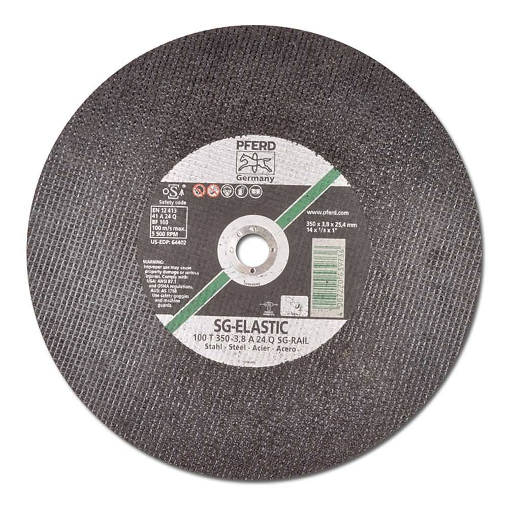 Trennscheibe - PFERD SG-ELASTIC - zur Trennung von Schienen - Bezeichnung 100 T 350-3,8 A 24 Q SG-RAIL/22,23 - Maße (D x T x H) 350 x 3,8 x 22,23 mm