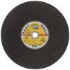 Eine schwarze Trennscheibe mit einem gelben Etikett, auf dem Spezifikationen für das Metallschneiden angegeben sind, maximale Drehzahl 6.600 U/min und Durchmesser 4 1/2 Zoll.