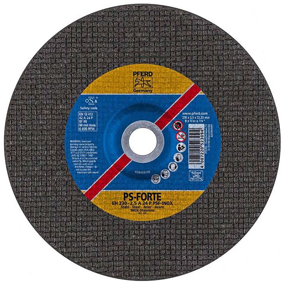 Trennscheibe - PFERD - für INOX - Härtegrad P - gekröpfte Ausführung - Bezeichnung EH 230-2,5 A 24 P PSF-INOX/22,23 - Maße (D x T/U x H) 230 x 2,