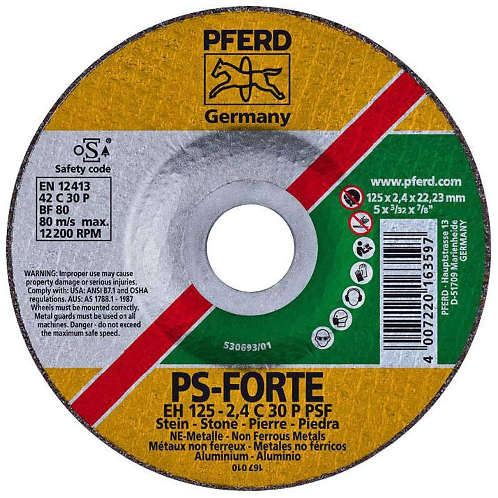 Trennscheibe - PFERD - für Stein und NE-Metall - Härtegrad P - gekröpfte Ausführung - Bezeichnung EH 125-2,4 C 30 P PSF/22,23 - Maße (D x T/U x H