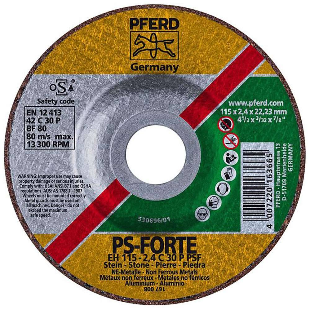 Trennscheibe - PFERD - für Stein und NE-Metall - Härtegrad P - gekröpfte Ausführung - Bezeichnung EH 115-2,4 C 30 P PSF/22,23 - Maße (D x T/U x H