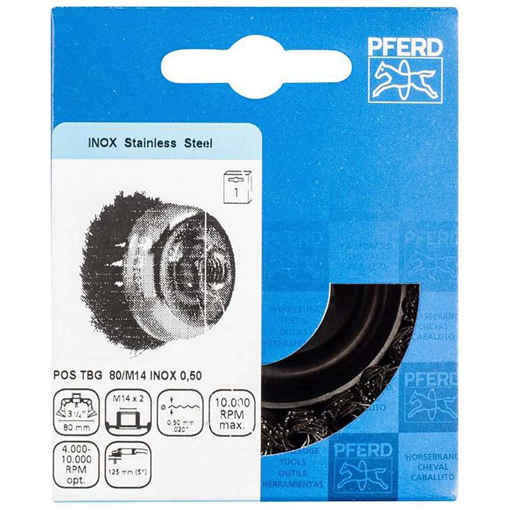 Topfbürste - PFERD - mit Gewinde, gezopft - mit Edelstahldraht - POS-Verpackung - Bezeichnung POS TBG 80/M14 INOX 0,50 - Bürsten-Ø 80 mm - Besatzl
