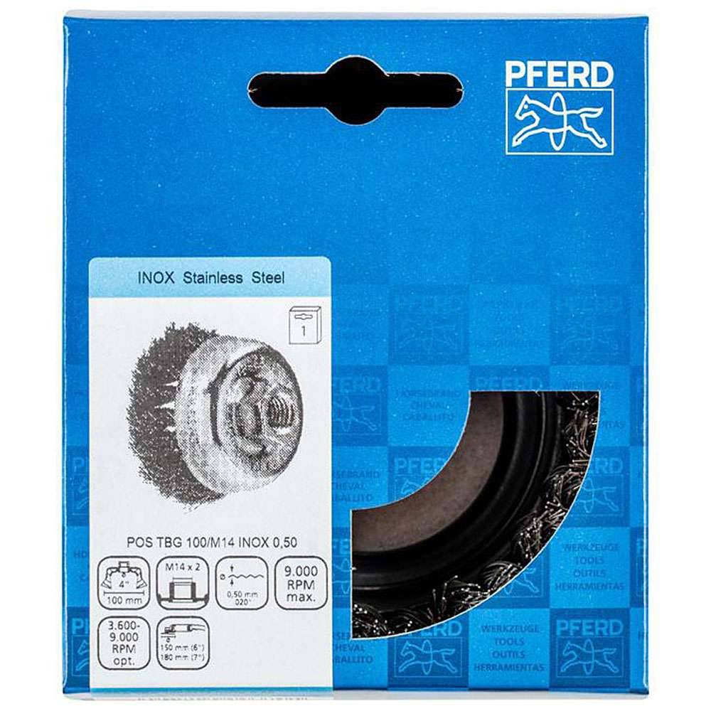Topfbürste - PFERD - mit Gewinde, gezopft - mit Edelstahldraht - POS-Verpackung - Bezeichnung POS TBG 100/M14 INOX 0,50 - Bürsten-Ø 100 mm - Besatz