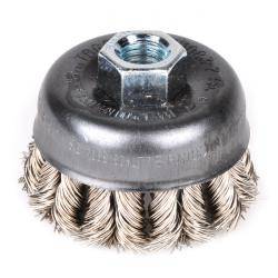 Eine Drahtbürste aus Stahl mit verdrehten Borsten und einer Mutternbefestigung, die zur Oberflächenreinigung, Rostentfernung oder Glättung von Metalloberflächen verwendet wird.