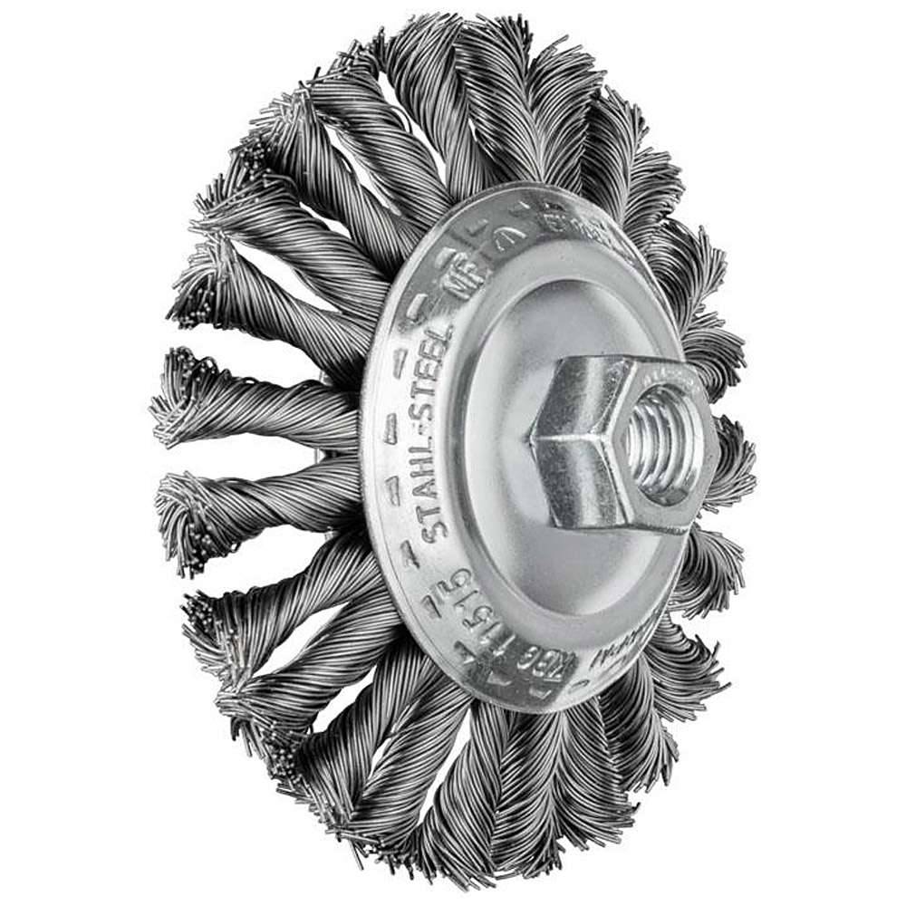 Kegelbürste - PFERD COMBITWIST® - mit Gewinde, gezopft - mit Stahldraht - Bezeichnung KBG 11515/M14 CT ST 0,50 - Bürsten-Ø 115 mm - Besatzlänge 2