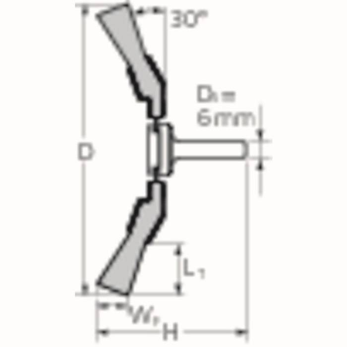 Querschnittsdiagramm einer mechanischen Komponente mit Abmessungen: Winkel 30°, Durchmesser D = 6 mm, Breite W1, Höhe H1, Länge L1.