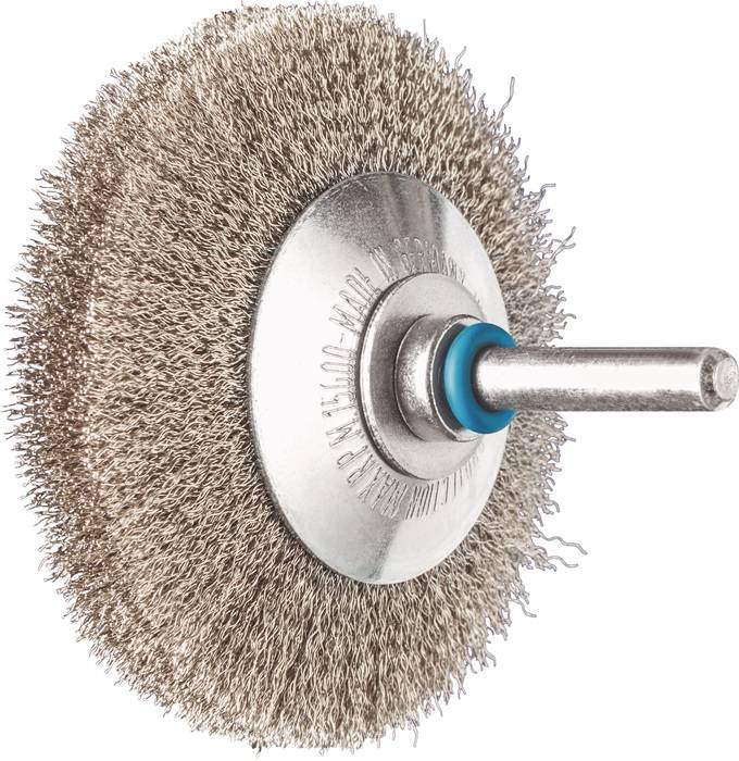 Drahtbürstenrad mit einer zentralen Spindel, verwendet zum Reinigen und Polieren von Metalloberflächen. Verfügt über dichte Borsten für eine effektive Abrasion.