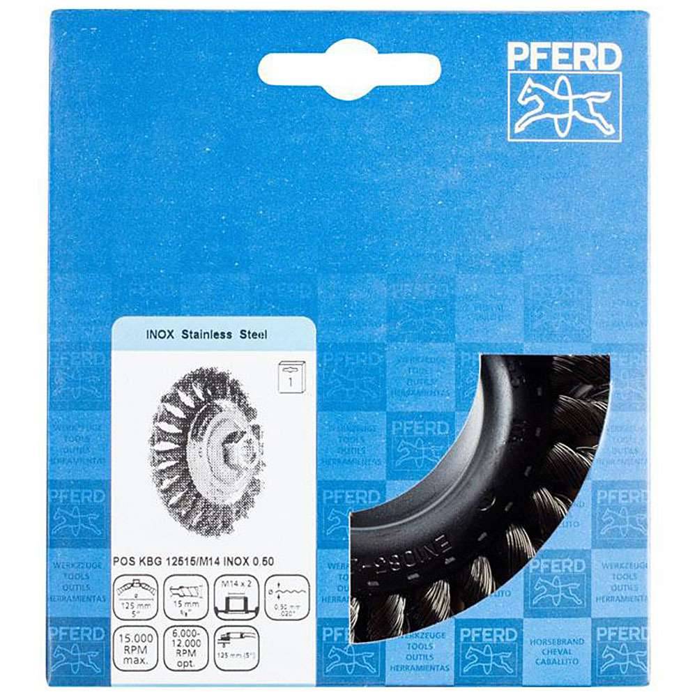 Kegelbürste - PFERD - mit Gewinde, gezopft - mit Edelstahldraht - POS-Verpackung - Bezeichnung POS KBG 12515/M14 INOX 0,50 - Bürsten-Ø 125 mm - Bes