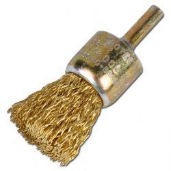 Ein Metalldraht-Tassenbürste mit einem zylindrischen Griff, die zum Reinigen oder Polieren von Oberflächen verwendet wird. Die Borsten bestehen aus verdrehten Metalldrähten.