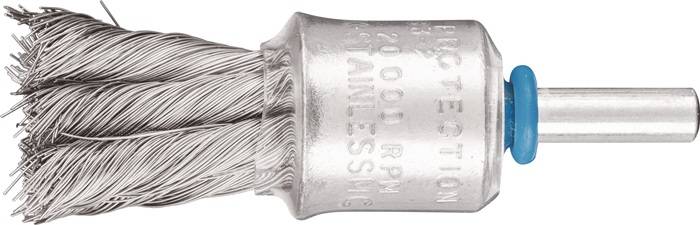 Nahaufnahme eines metallischen, geflochtenen Drahtverbinders mit eingraviertem Text: '20.000 U/min Edelstahl.