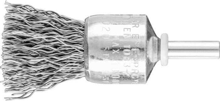 Eine Nahaufnahme einer metallischen Drahtbürste mit verdrehten Borsten, die von einer zylindrischen, gerillten Kappe ausgehen.