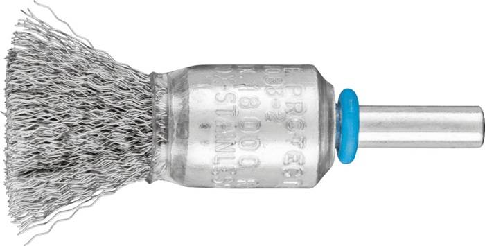 Eine Nahaufnahme einer metallischen Bürste mit dicht gewebten Borsten, die an einem zylindrischen Metallgriff befestigt sind. Der Griff trägt eingeprägte Schrift.