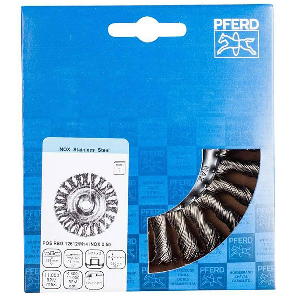 Rundbürste - PFERD - gezopft mit Edelstahl - in POS-Verpackung - Bezeichnung POS RBG 12512/M14 INOX 0,50 - Bürsten-Ø 125 mm - Besatzmaße (B x L)