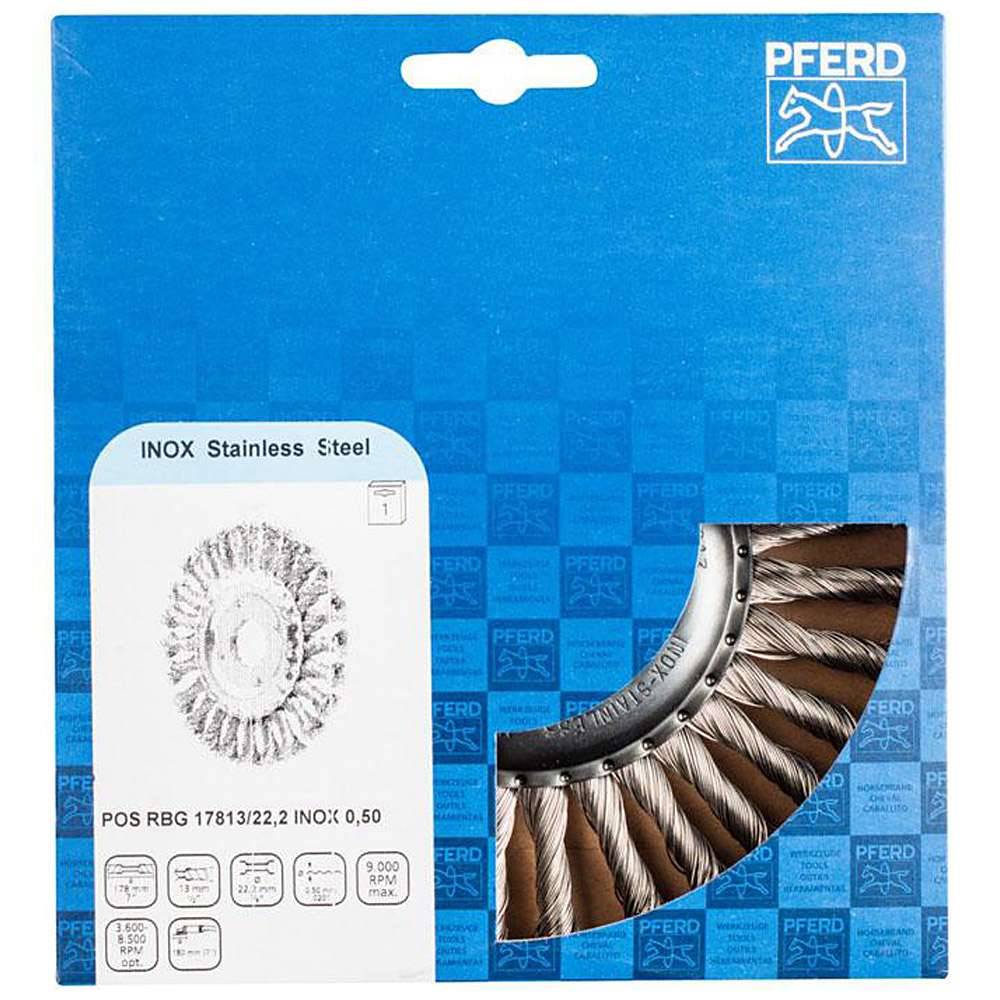 Rundbürste - PFERD - gezopft mit Edelstahl - in POS-Verpackung - Bezeichnung POS RBG 17813/22,2 INOX 0,50 - Bürsten-Ø 178 mm - Besatzmaße (B x L)