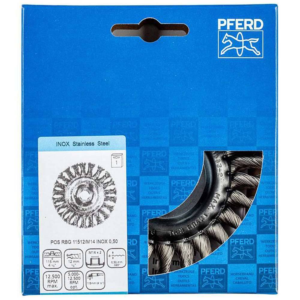 Rundbürste - PFERD - gezopft mit Edelstahl - in POS-Verpackung - Bezeichnung POS RBG 11512/M14 INOX 0,50 - Bürsten-Ø 115 mm - Besatzmaße (B x L)