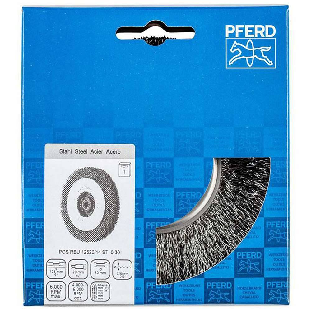 Rundbürste - PFERD - ungezopft, aus Stahldraht - für Baustahl, Kohlenstoffstahl u.a. - Bezeichnung POS RBU 12520/14,0 ST 0,30 - Bürsten-Ø 125 mm