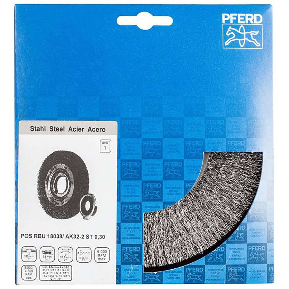 Rundbürste - PFERD - ungezopft, aus Stahldraht - für Baustahl, Kohlenstoffstahl u.a. - Bezeichnung POS RBU 18038/AK32-2 ST 0,30 - Bürsten-Ø 180 mm