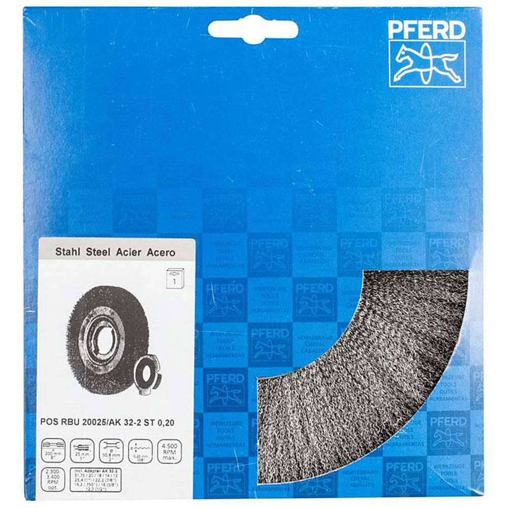 Rundbürste - PFERD - ungezopft, aus Stahldraht - für Baustahl, Kohlenstoffstahl u.a. - Bezeichnung POS RBU 20025/AK32-2 ST 0,20 - Bürsten-Ø 200 mm