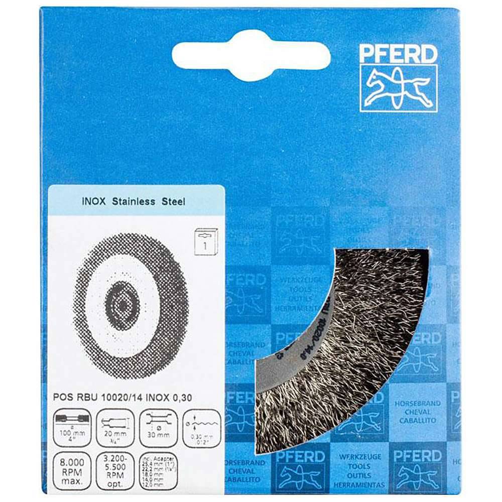 Rundbürste - PFERD - ungezopft mit Edelstahl - für Edelstahl und NE-Metalle - Bezeichnung POS RBU 10020/14,0 INOX 0,30 - Bürsten-Ø 100 mm - Besatz