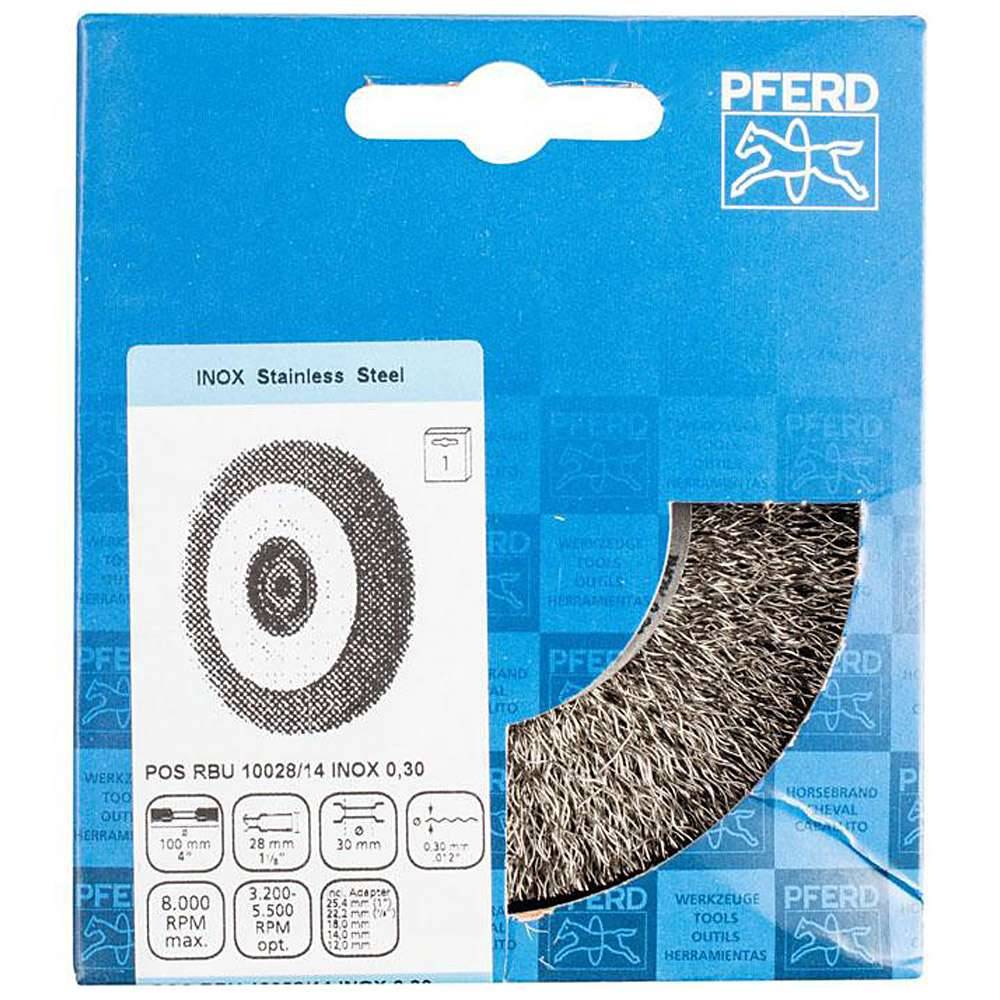 Rundbürste - PFERD - ungezopft mit Edelstahl - für Edelstahl und NE-Metalle - Bezeichnung POS RBU 10028/14,0 INOX 0,30 - Bürsten-Ø 100 mm - Besatz