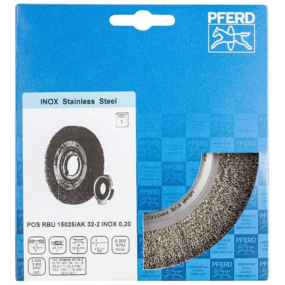 Rundbürste - PFERD - ungezopft mit Edelstahl - für Edelstahl und NE-Metalle - Bezeichnung POS RBU 15025/AK32-2 INOX 0,20 - Bürsten-Ø 150 mm - Besa