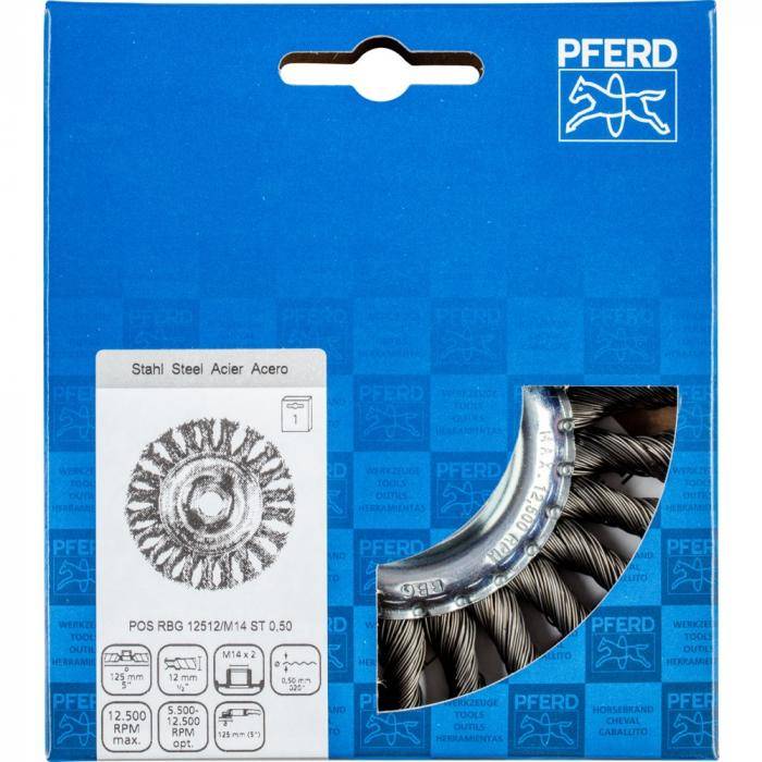 PFERD Rundbürste POS RBG 12512/M14 ST 0,50 - gezopft - Stahldraht - Außen-ø 125 mm - 24 Zöpfe - Besatzmaterial-ø 0,50 mm