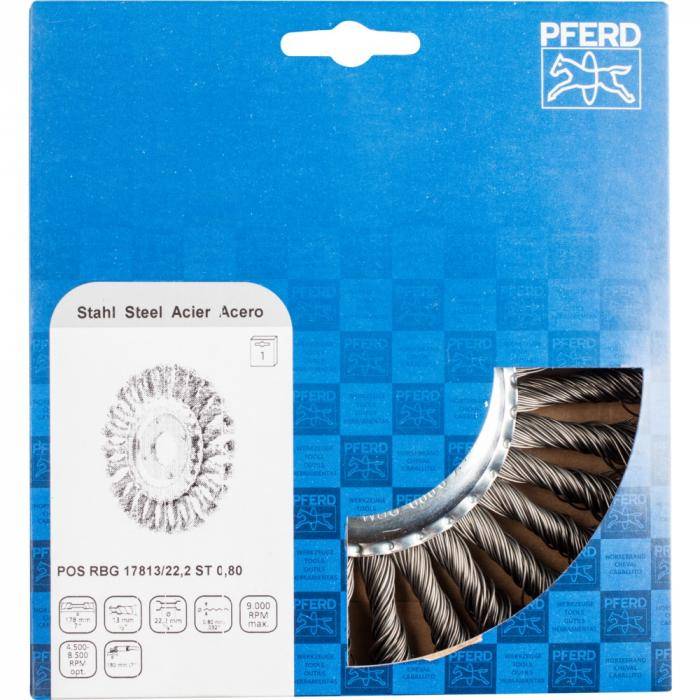 PFERD Rundbürste POS RBG 17813/22,2 ST 0,80 - gezopft - Stahldraht - Außen-ø 178 mm - 30 Zöpfe - Besatzmaterial-ø 0,80 mm