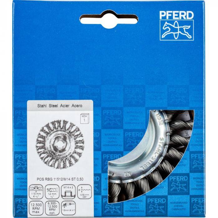 PFERD Rundbürste POS RBG 11512/M14 ST 0,50 - gezopft - Stahldraht - Außen-ø 115 mm - 24 Zöpfe - Besatzmaterial-ø 0,50 mm