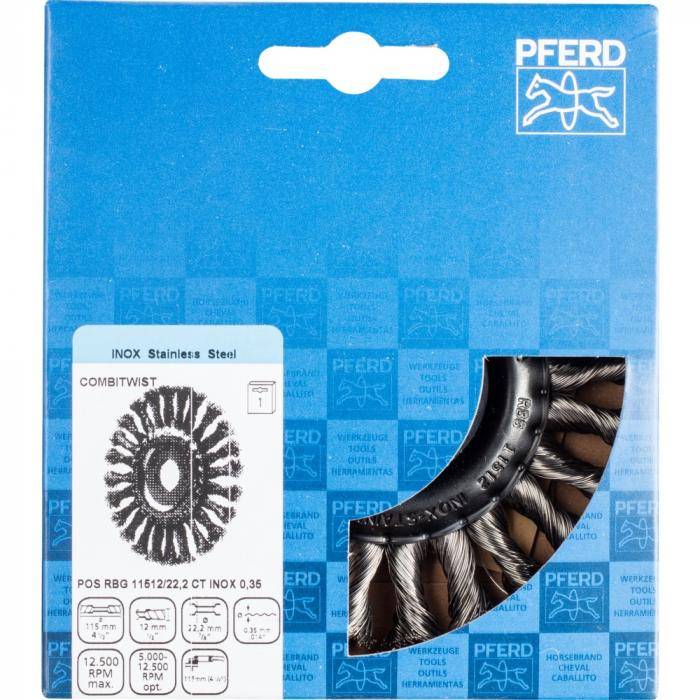 PFERD Rundbürste POS RBG 11512/22,2 CT INOX 0,35 - gezopft - INOX - Ausführung Combitwist - Außen-ø 115 mm - 24 Zöpfe - Besatzmaterial-ø 0,35 mm