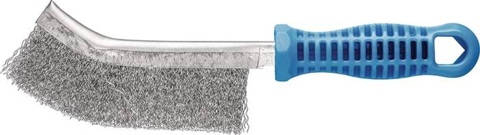 Eine Metalldrahtbürste mit einem blauen Kunststoffgriff, die zum Reinigen von Oberflächen verwendet wird, von der Seite gezeigt.