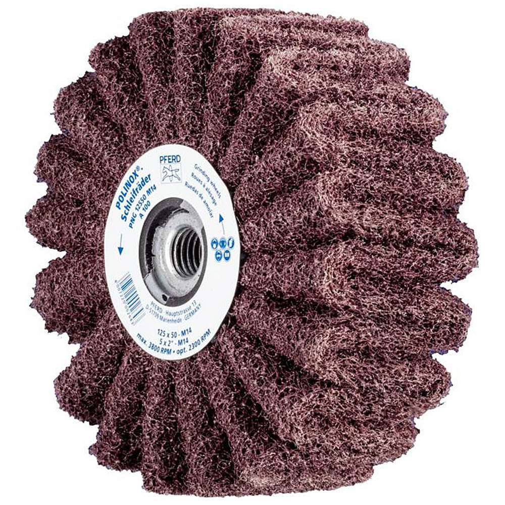 Schleifvlies - PFERD POLINOX® PNG - mit M14 Gewinde - Bezeichnung PNG 12550 M14 A 100 - Maße (D x T) 125 x 50 mm - Korngröße 100 - empf. Drehzahl