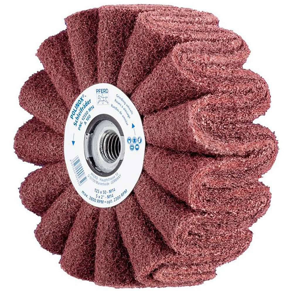 Schleifvlies - PFERD POLINOX® PNG - mit M14 Gewinde - Bezeichnung PNG 12550 M14 A 180 - Maße (D x T) 125 x 50 mm - Korngröße 180 - empf. Drehzahl