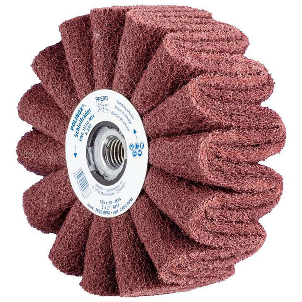 Schleifvlies - PFERD POLINOX® PNG - mit M14 Gewinde - Bezeichnung PNG 12550 M14 A 280 - Maße (D x T) 125 x 50 mm - Korngröße 280 - empf. Drehzahl