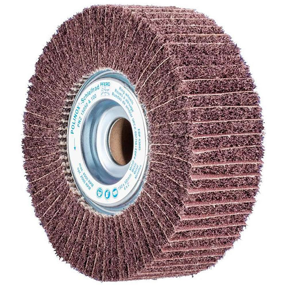 Schleifvlies - PFERD POLINOX® - mit Schleifgewebe zwischen den Lamellen - Bezeichnung PNZ 15050/25,4 A 100 - Besatzmaße (D x T) 150 x 50 mm - Bohrun