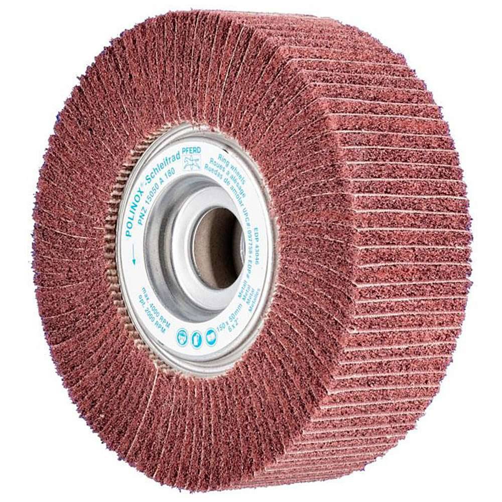 Schleifvlies - PFERD POLINOX® - mit Schleifgewebe zwischen den Lamellen - Bezeichnung PNZ 15050/25,4 A 180 - Besatzmaße (D x T) 150 x 50 mm - Bohrun