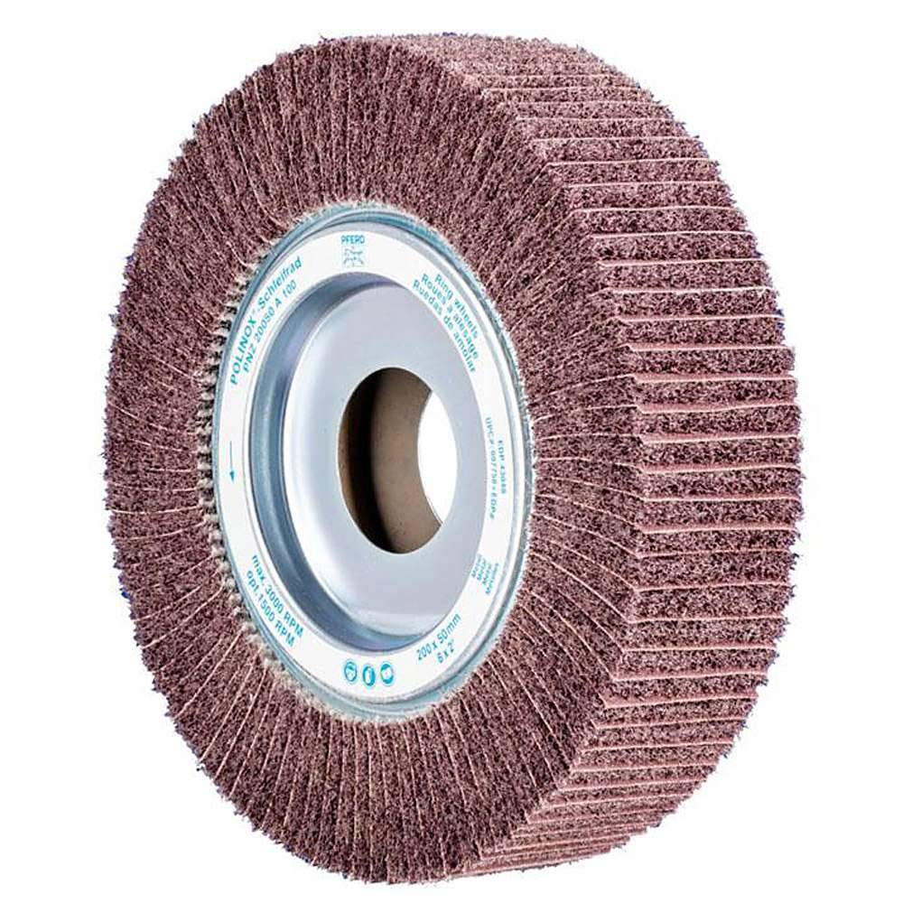 Schleifvlies - PFERD POLINOX® - mit Schleifgewebe zwischen den Lamellen - Bezeichnung PNZ 20050/44 A 100 - Besatzmaße (D x T) 200 x 50 mm - Bohrungs