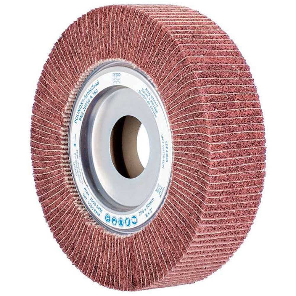 Schleifvlies - PFERD POLINOX® - mit Schleifgewebe zwischen den Lamellen - Bezeichnung PNZ 20050/44 A 180 - Besatzmaße (D x T) 200 x 50 mm - Bohrungs