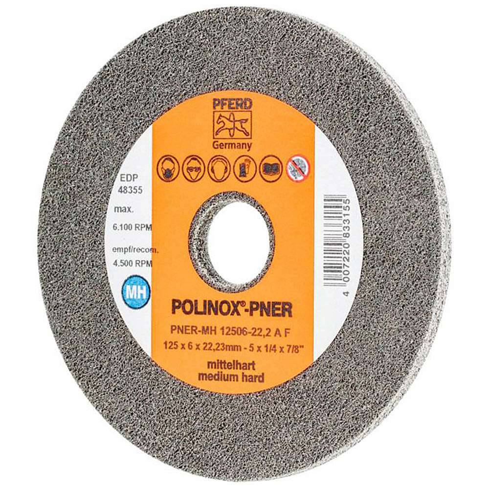 Schleifvlies - PFERD POLINOX® - Schleifmittel Korund - für Edelstahl, Titan etc. - Bezeichnung PNER-MH 12506-22,2 A F - Maße (D x T) 125 x 6 mm -