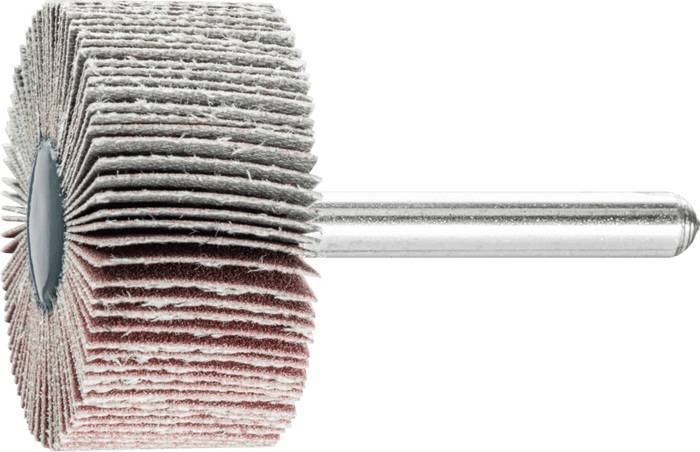 Ein zylindrischer Schleifwerkzeug mit geschichteten Schleifpapierlappen, die einen zentralen Schaft umgeben, verwendet zum Polieren oder Schleifen von Oberflächen.