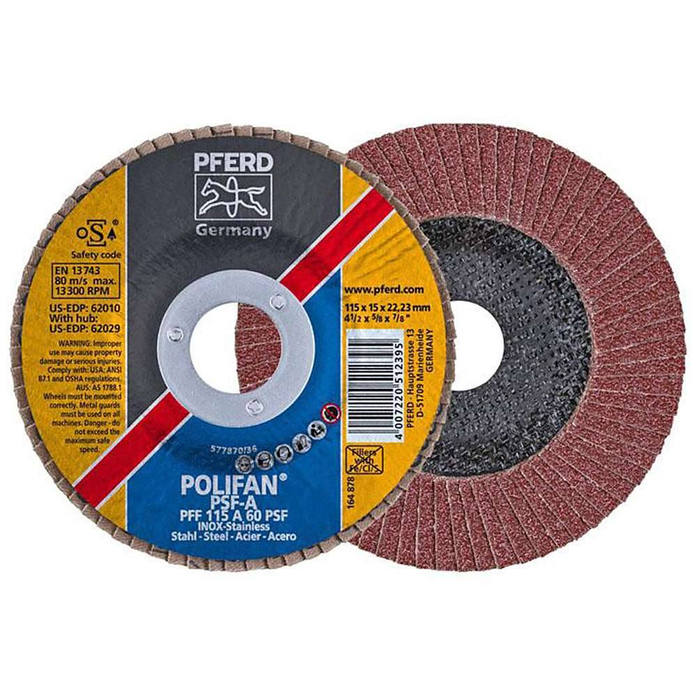 Fächerschleifscheibe - PFERD POLIFAN® - für Stahl/INOX/Kunststoff - flache Ausführung - Bezeichnung PFF 115 A 60 PSF/22,23 - Maße (D x T x H) 115