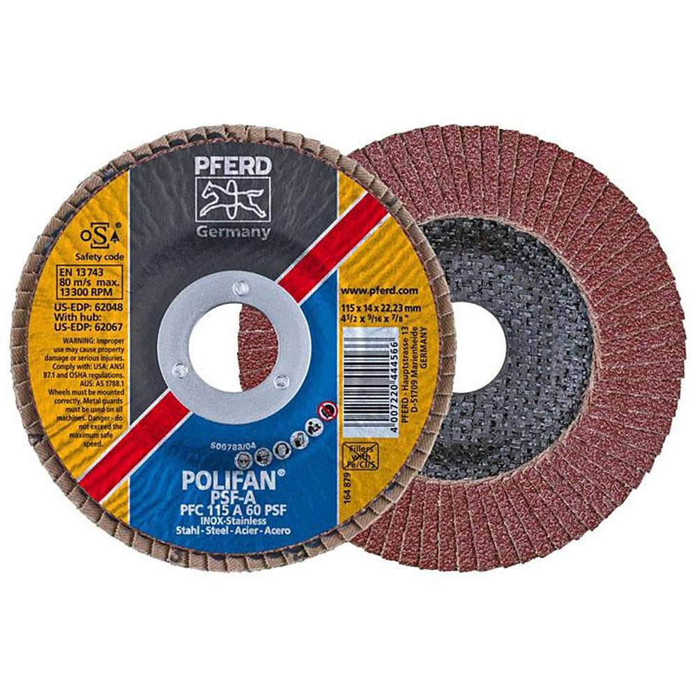 Fächerschleifscheibe - PFERD POLIFAN® - für Stahl/INOX/Kunststoff - konische Ausführung - Bezeichnung PFC 115 A 60 PSF/22,23 - Maße (D x U x H) 1