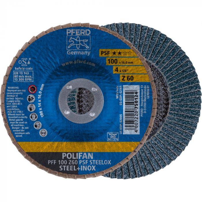 POLIFAN-Fächerscheibe - PFERD - flache Ausführung PFF - Z PSF STEELOX/16,0 - Außen-Ø 100 mm - VE 10 Stück - Preis per VE - Korngröße 60