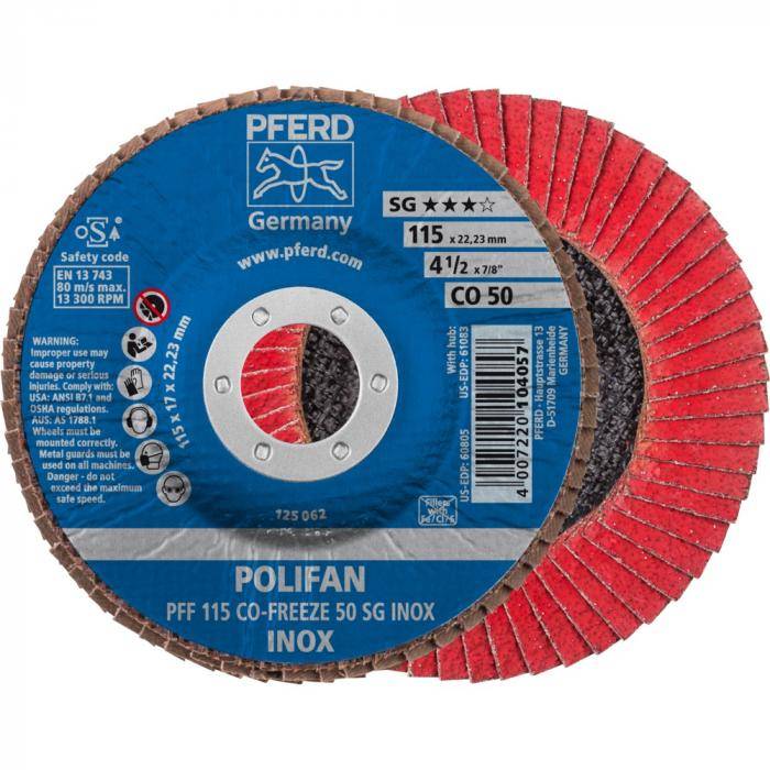 POLIFAN-Fächerscheibe - PFERD - CO-FREEZE - Flache Ausführung PFF - Außen-Ø 115 mm - SG INOX - VE 10 Stück - Preis per VE - max. RPM 13300 - Korn